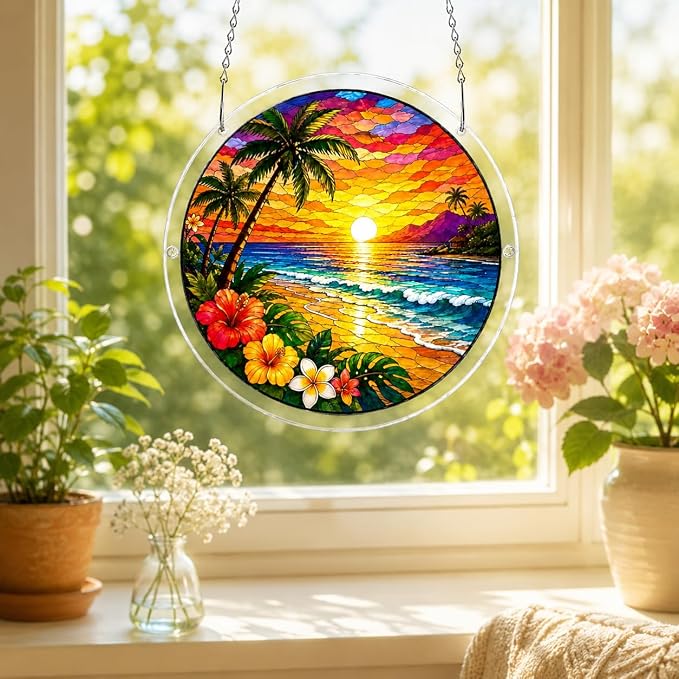 Acrylic Suncatcher Jigsaw Puzzle, Tropical Beach Sunset Stained Glass Style Sun Catcher Puzzle for Adults, Window Wall Hanging Decor, Palm Trees Ocean Wave DIY Craft Puzzles Gift Women