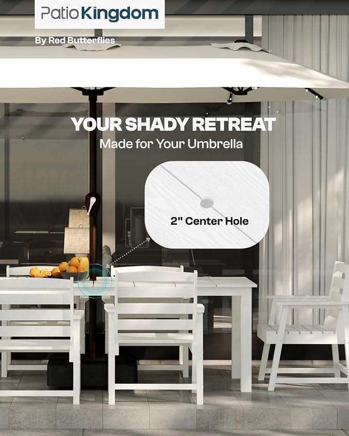 9-Piece HDPE Patio Dining Set for 8, 75.2" Table,White | HDPE material, umbrella hole design, weather-resistant patio furniture, perfect for yard, lawn, garden, balcony, deck