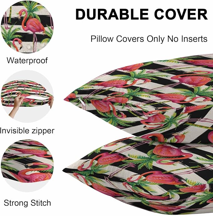Vandarllin Outdoor Throw Pillows Covers 20x20 inch Set of 2 Waterproof Flamingo Decorative Zippered Cushion Covers for Patio Furniture, Tropical Palm Leaves Black Stripe Linen Lumbar Pillowcases