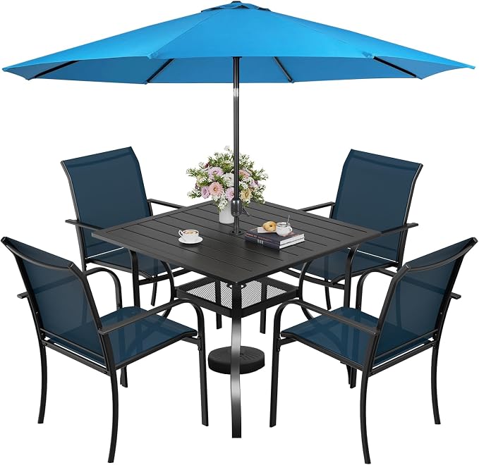 SUNCROWN 6 - Piece Outdoor Dining Set, Patio Furniture Set with 4 Textilene Dinning Chairs, 1 Steel Slat Metal Bistro Table and 1 Sky Blue 9Ft Patio Umbrella for Lawn Garden Backyard Deck, Blue
