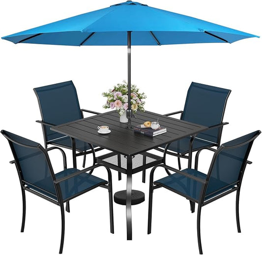SUNCROWN 6 - Piece Outdoor Dining Set, Patio Furniture Set with 4 Textilene Dinning Chairs, 1 Steel Slat Metal Bistro Table and 1 Sky Blue 9Ft Patio Umbrella for Lawn Garden Backyard Deck, Blue