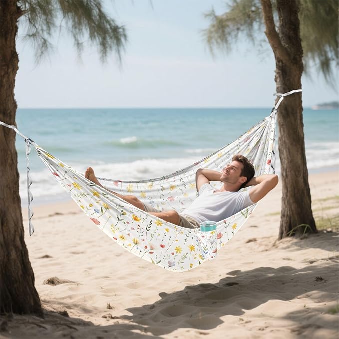 Camping Hammock Outdoor Hammocks for Outside Watercolor Wildflowers Beach Trees Portable Lightweight with Pockets Tree Straps Indoor