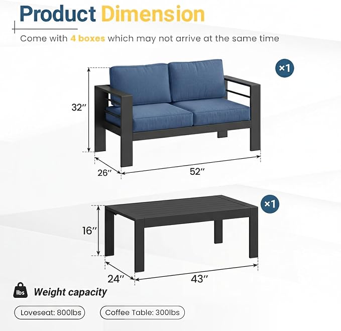 Solaste Aluminum Patio Furniture Set for All Weather, Oversized Metal Outdoor Furniture Set with 27.5" Deep Seating and 3.2" Wide Armrest, Outdoor Patio Sofa with 10" Back Suport Cushion