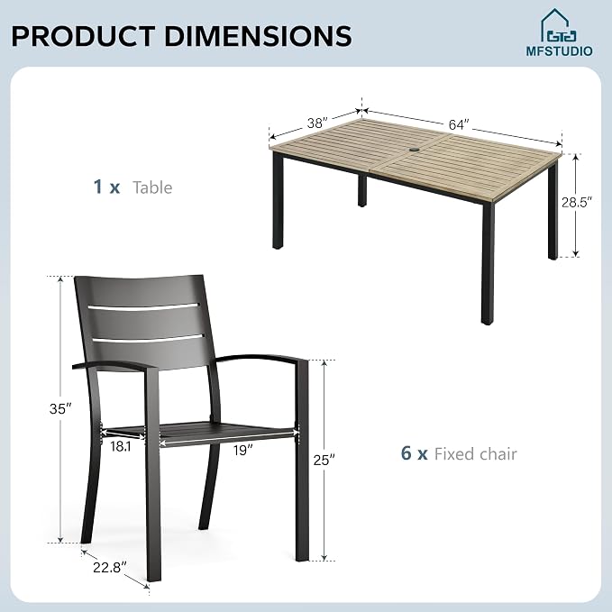 MFSTUDIO Patio Dining Set for 6, Metal Patio Table and Chairs Set with Umbrella Hole, 7 Piece Outdoor Furniture Dining Set for Deck Backyard Garden