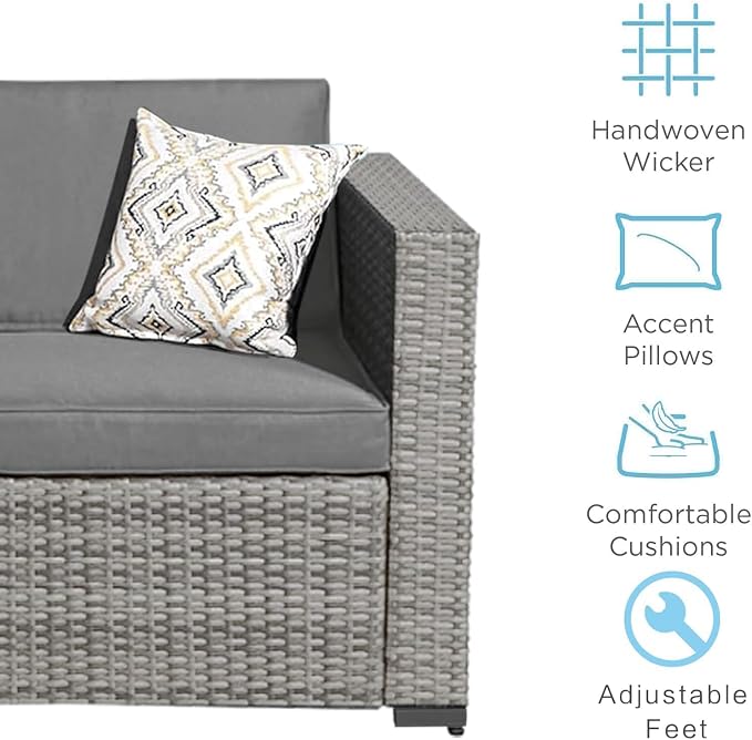 7-Piece Outdoor Patio Furniture Set, Gray PE Rattan Sectional Sofa with Light Grey Cushions and Steel Frame, Coffee Table Included, Modular Outdoor Conversation Set for Patio Garden Poolside