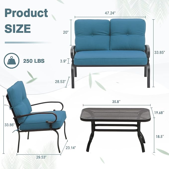 SUNCROWN 4 Pieces Outdoor Metal Furniture Patio Conversation Set Loveseat, 2 Dining Chairs and Coffee Table for Lawn Front Porch Garden, Blue Cushions
