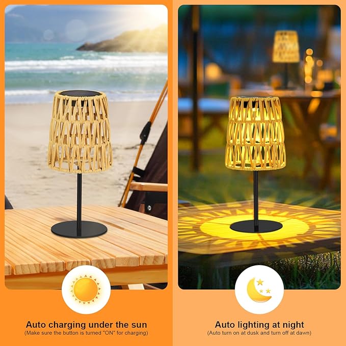2pcs Outdoor Table Lamp: Rechargeable LED Solar Lantern for Garden Yard, Waterproof Solar Lights Outdoor Cordless Table Rattan Lamp, Small Deck Lamp for Balcony Patio,Gift for Women Mother Days