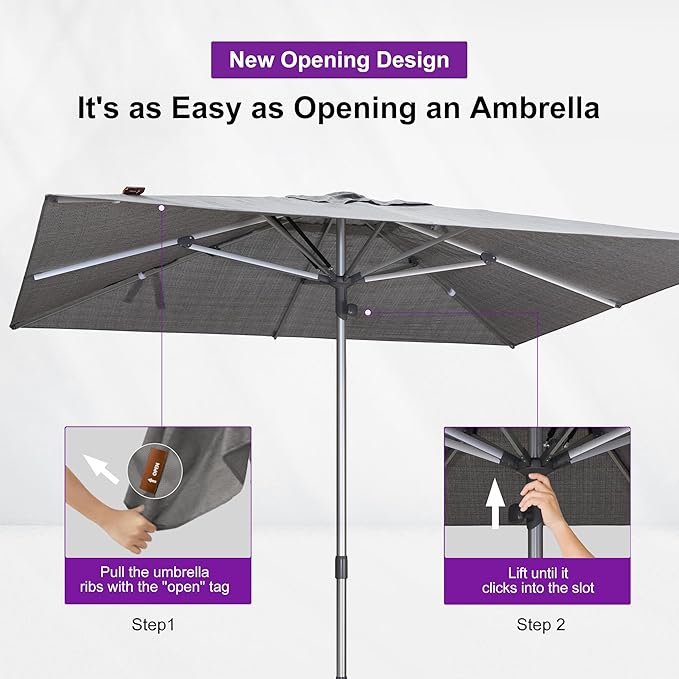PURPLE LEAF 6 X 10 FT Semi-Auto Outdoor Patio Umbrella with Base Market Table Sun Umbrellas with 6 Aluminum Sturdy Ribs for Backyard Deck Garden Pool (Silver Pole Gray Canopy)