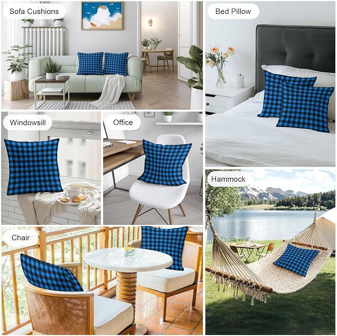 Outdoor Waterproof Throw Pillow Covers Set of 2 Buffalo Plaid Pillowcases 18x18 Inches Pastoral Blue Black Checked Decorative Pillows Cushion Case Patio Pillows for Couch Bed Chair Garden