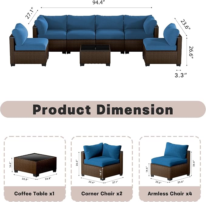 Patio Furniture Set 7 Pieces Conversation Set Wicker Outdoor Sectional Sofa,Ergonomic Armrests Couch with Cushion and Glass Table (Brown-Peacock Blue, 7 Piece-Single)