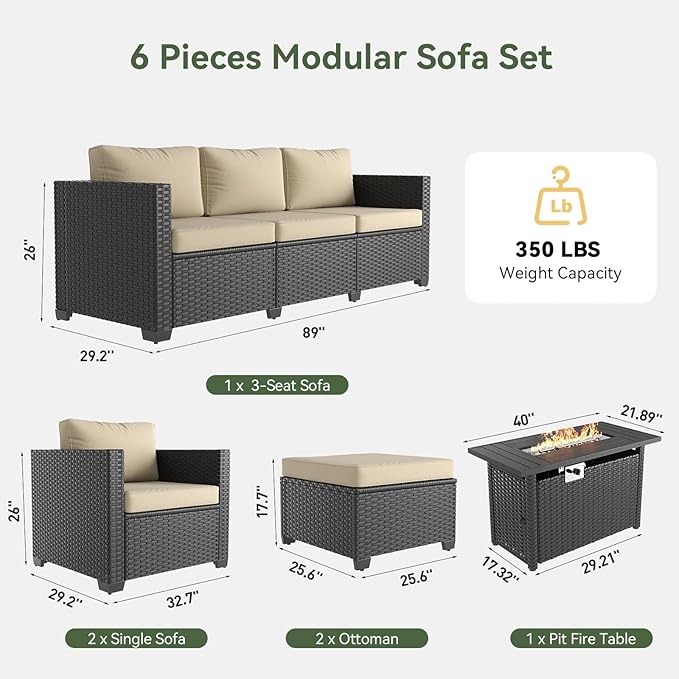 Aoxun Patio Furniture Set with Fire Pit Table, 6 Piece Outdoor Furniture Set with Wicker Ottomans, Rattan Outdoor Patio Sectional Sofas with Thickened Cushion & Waterproof Cover Beige
