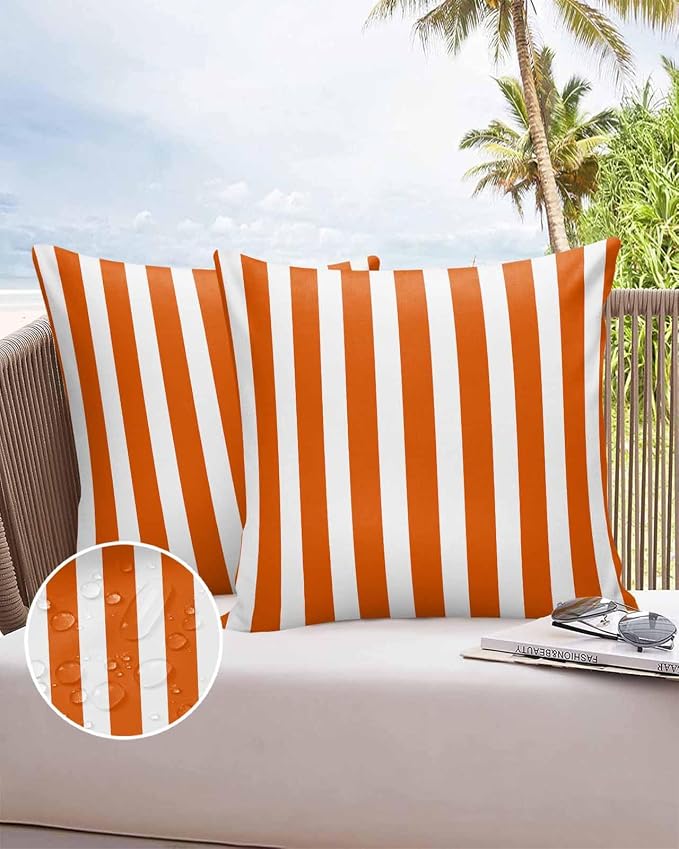Outdoor Waterproof Throw Pillow Covers 24x24in, Orange Geometric Stripes Cushions for Garden Patio Furniture Chairs Set of 2, Abstract Fall Home Decor Couch Sofa Polyester Pillow Cases
