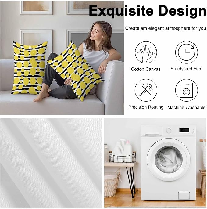Vandarllin Outdoor Throw Pillows Covers 20x12 inch Set of 2 Waterproof Yellow Lemon Decorative Zippered Cushion Covers for Patio Furniture, Summer Fruit Black Stripes Lumbar Pillowcases
