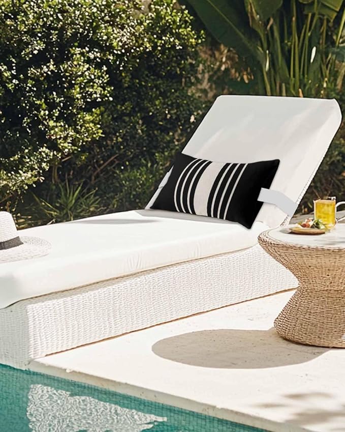Pack of 4 Outdoor Lumbar Pillow Covers 12x20 Inch, Black Beige Striped Waterproof Throw Pillow Covers Set, Modern Farmhouse Retro Lines Indoor&Outdoor Decorative Cushion Cases for Patio Porch Beach