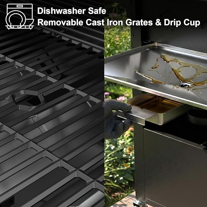 5 Burners Propane Gas Outdoor Grill 62000 BTU, 645 Sq.in, Side Burner, Porcelain-Enameled Grates, Stainless Steel Propane Grill Outdoor Cooking, Patio Garden Family Barbecues Party (5 Burners)