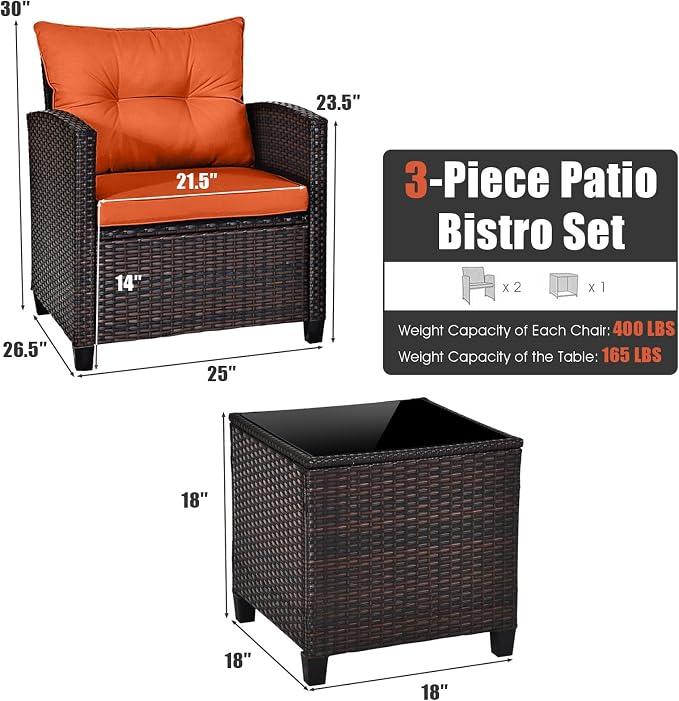 3-Pieces Patio Furniture Set, PE Wicker Chairs Sofa Set with Removable Cushions & Glass Top Side Table, Outdoor Wicker Rattan Conversation Chair for Porch,Backyard, Balcony (Orange)