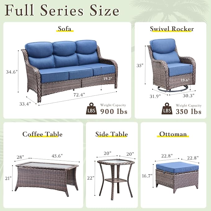 Luxury High Back Outdoor Furniture with 6-inch Extra Thick Cushions, Patio Furniture Set with Swivel Chairs, 10 PCS Wicker Conversation Set for Yard, Deck, Poolside, Brown/Blue