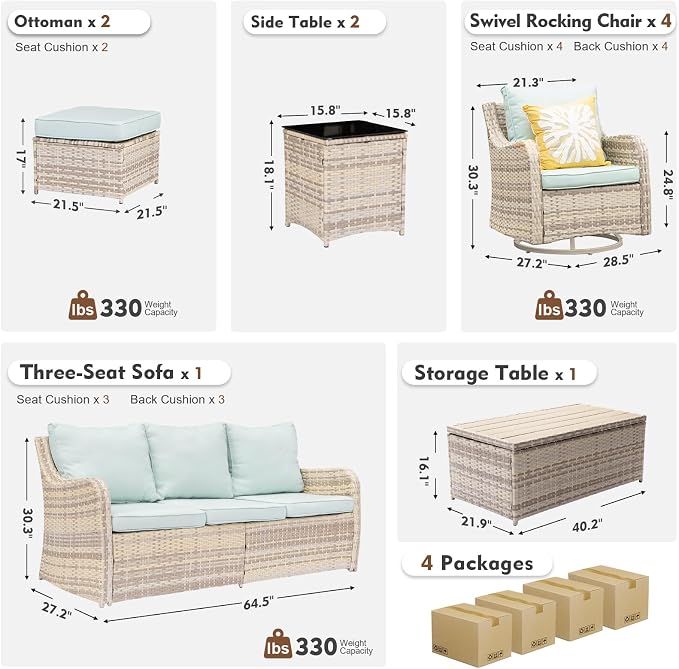 MEISSALIVVE Patio Furniture Set with Swivel Rocking Chairs, 10 Pieces Patio Conversation Set, Outdoor Wicker Sofa Couch with Waterproof Cushions for Lawn Backyard Porch (Blue)