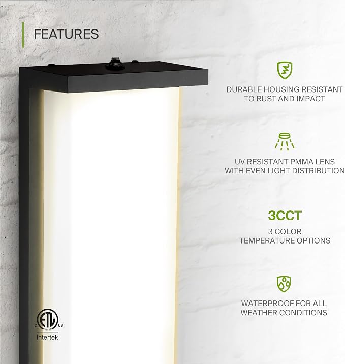 ASD LED 14" Outdoor Wall Light, Dusk to Dawn Front Door House Sconce | 3CCT, Photocell, Waterproof, ETL Listed | 20W 1900LM 3000-5000K 120V | Exterior Patio Lighting Fixture, Porch Lamp | Black