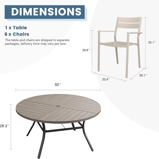 DIFY 7 Piece Outdoor Patio Dining Set for 6, 50" Round Dining Table with Umbrella Hole and Stackable Metal Chairs, Patio Table and Chairs Set for Backyard Garden Poolside, Grey Wood-Like & Sandshell