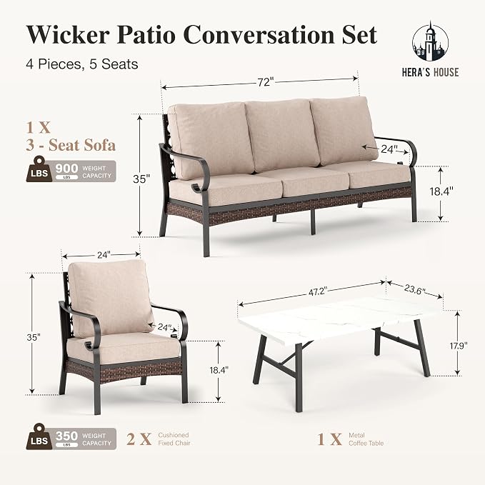 HERA'S HOUSE 4 Piece Metal Patio Furniture Set, All Weather Outdoor Conversation Set with 3 Seat Sofa, 2 x Cushioned Fixed Chair & Coffee Table, Seats 5 for Backyard, Garden, Deck, Beige