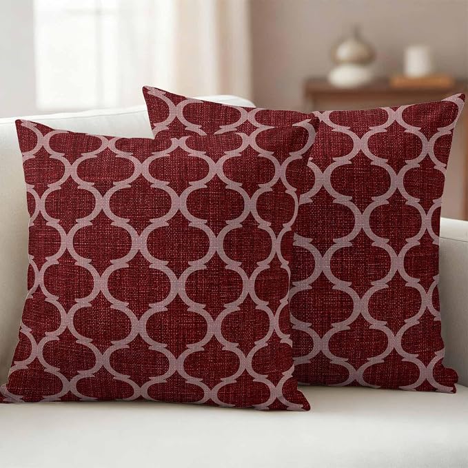 Deep Red Morocco Outdoor Pillow Covers 24x24 Inch Throw Pillow Covers Set of 2 Waterproof Decorative Pillow Cases Retro Farmhouse Quatrefoil Plaid Cushion Covers for Patio Furniture Garden Couch Sofa