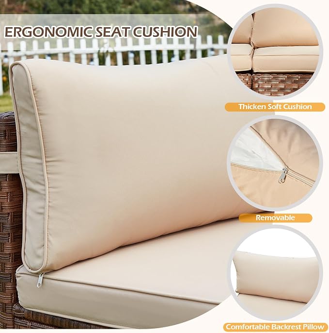ECOTOUGE Patio Furniture Set, 4 Piece Half-Moon Sectional Round Patio Furniture Set, Wicker Cushion Sofa with 2 Storage Side Table for Pool Backyard Patio Garden(Beige/Brown)