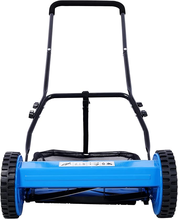 16-Inch 5-Blade Push Reel Lawn Mower with Grass Catcher, 4 Wheels (Blue)