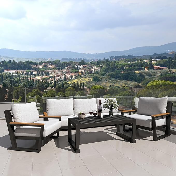 Aluminum Outdoor Patio Furniture Set with Coffee Table,4 Piece Patio Conversation Sets with Washable Thick Cushions, Outdoor Sectional Furniture Set for Porch, Balcony, Deck, Yard, Grey