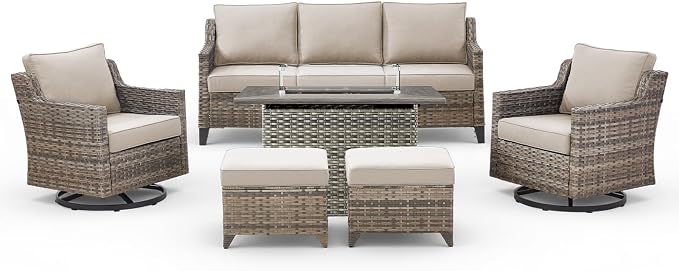 Patio Furniture Set with 42.5" Fire Pit Table-6 Pieces All Weather Wicker Outdoor Furniture with High Back Swivel Patio Chairs Set of 2 Outdoor Patio Conversation Sets for Deck Backyard Beige/Gray