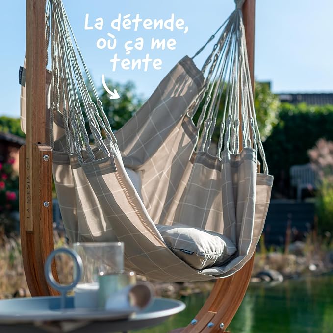 LA SIESTA Udine Outdoor Hammock Chair Set with freestanding Wooden Stand, Double-Size Weather-Resistant Hammock Chair with FSC-Certified Eucalyptus Wood Stand - Almond