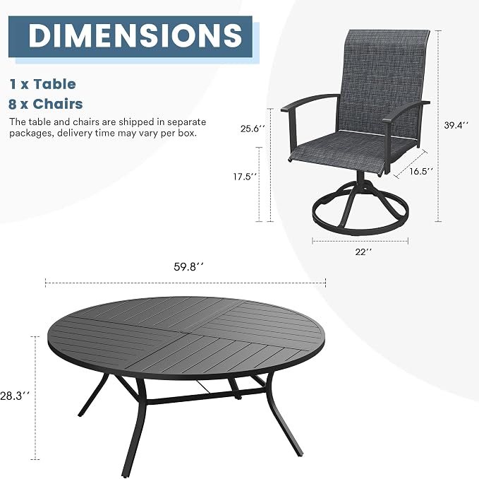 DIFY 9 Pieces Outdoor Dining Set, Metal Patio Table and Chairs Set for 8 with Umbrella Hole, 59.8" Black Round Table and Dark Grey Textilene Swivel Patio Chairs for Garden, Backyard, Poolside
