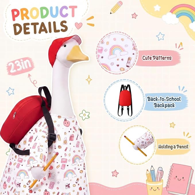 Back to School Porch Goose Outfit with Red Cap, Backpack and Pencil for 23" Gooses Statue, First Day of School Lawn Decor, Cute Rainbow Goose Costume for Patio Yard Garden Outdoor