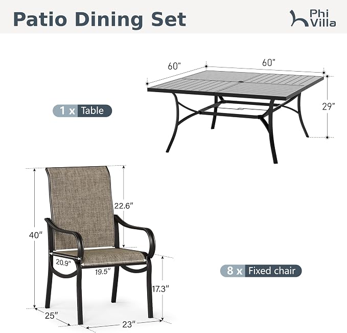 PHI VILLA Patio Dining Set for 8 Person, Large Slat Metal Square Table with Umbrella Holes and 8 High Back Fixed Chairs All Weather Patio Furniture Set for Outdoor Deck Garden