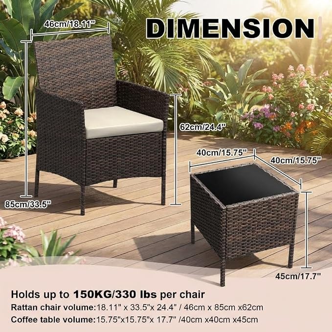 3PCS Outdoor Patio Bistro Set, PE Rattan Wicker Armchairs with Water-Resistant Cushions & Tempered Glass Coffee Table, All-Weather Conversation Set for Garden, Backyard, Porch, Poolside, Brown/Beige