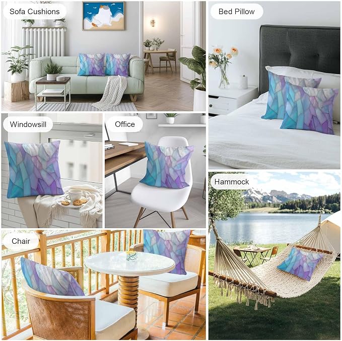 Blue Purple Gradient Outdoor Waterproof Pillow Covers Set of 2, Abstract Glass Geometric Marble Modern Pillowcase Decorative Throw Cushion Cases for Patio Garden Couch 20 x 20 Inches
