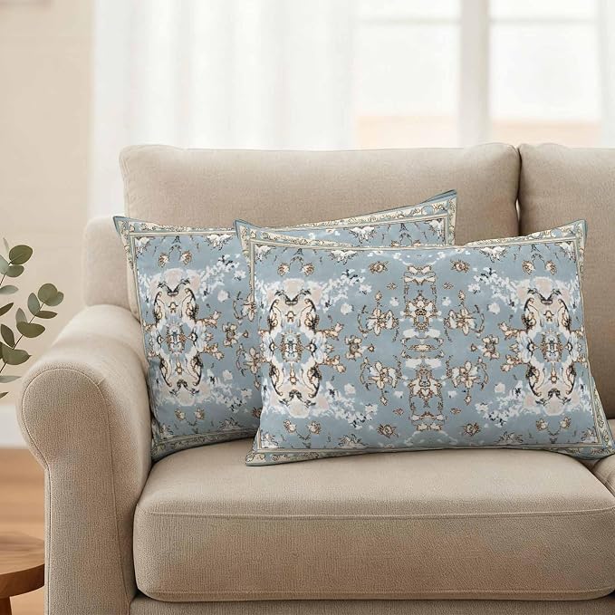 Boho Ethnic Waterproof Outdoor Pillow Covers Set of 2 Home Decor, Blue Farmhouse Abstract Geometric Motifs Pillowcase Patio Pillow Covers for Couch Bench Furniture Garden 20x12in
