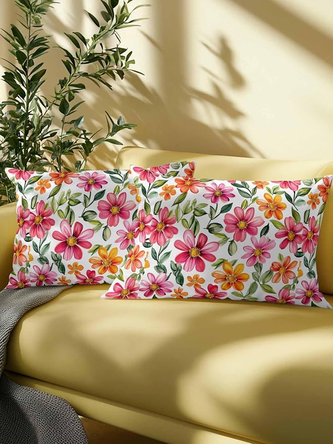 Outdoor Waterproof Throw Pillows Spring Watercolor Wild Flower Patio Pillows,Decorative Pillow Covers with Insert,Pillow Cushion Case for Garden Couch Sofa Country Small Pink Flower