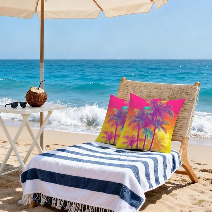 16x16 Inch Outdoor Pillow Covers Set of 2 Waterproof Throw Pillow Covers Decorative Couch Cushion Covers Pink Neon Palm Trees Square Pillowcases Protectors for Patio Garden Sofa