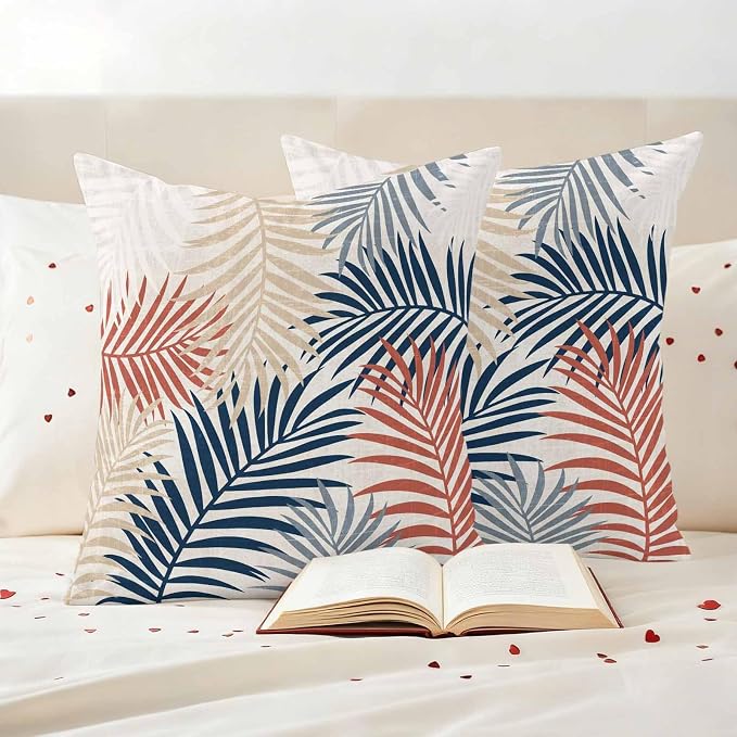 Outdoor Waterproof Throw Pillow Covers, Red Blue Yellow Palm Leaves Decorative Pillow Cases, Summer Botanical Tropical Leaf Couch Pillow Protector Patio Sofa Cushion Covers Replacement 18"x18" 2 Pack