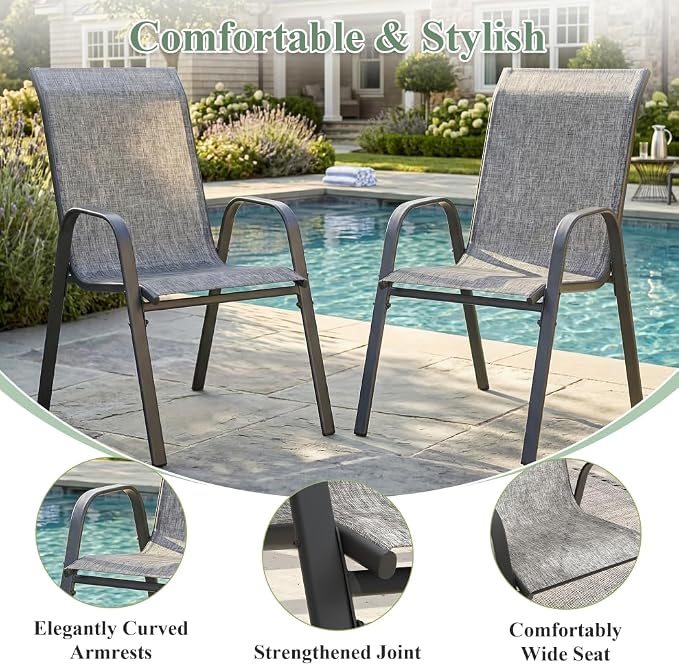 11 Pieces Outdoor Dining Set, 63" Round Table with Umbrella Hole & Stackable Patio Dining Chairs, Patio Table and Chairs Set for Deck Garden Porch, Grey Chairs & Grey Table