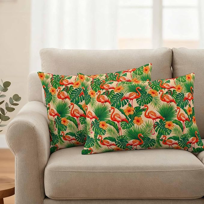 Red Flamingos Outdoor Pillow Covers 20"x12" Set of 2, Jungle Plants Hibiscus Flower Green Leaf Botanical Waterproof Throw Pillow Covers for Patio Furniture, Decorative Cushion Covers for Porch