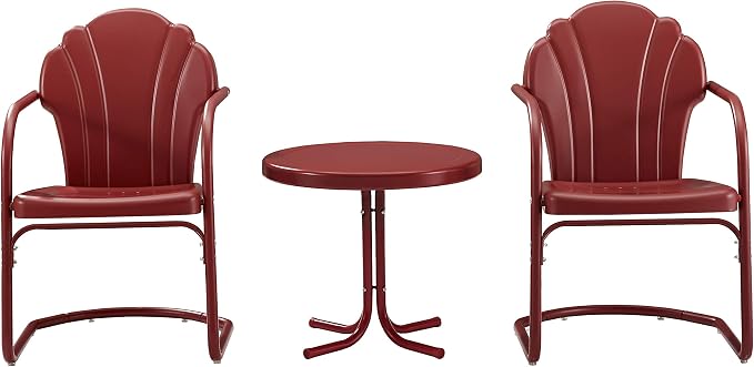 Crosley Furniture Tulip 3-Piece Outdoor Chair and Side Table Set, Retro Metal Patio Conversation Sets, Red