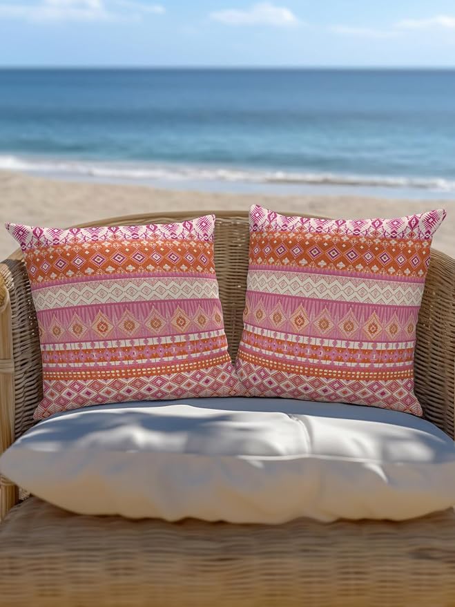 Waterproof Outdoor Pillow 1 Pack Red Bohemian Decorative Throw Pillows Cover & Insert 16x16 Inch Pillowcase Boho Style Floral Leaves Geometric Pillows for Couch Sofa Bed Patio Furniture Indoor Outdoor