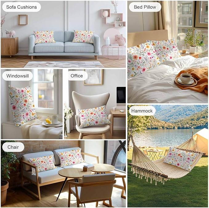 Spring Outdoor Pillow Covers Set of 2,Decorative Watercolor Flower Leaves Waterproof Throw Pillow Case, Garden Floral Art Linen Soft Cozy Cushion Pillowcases
