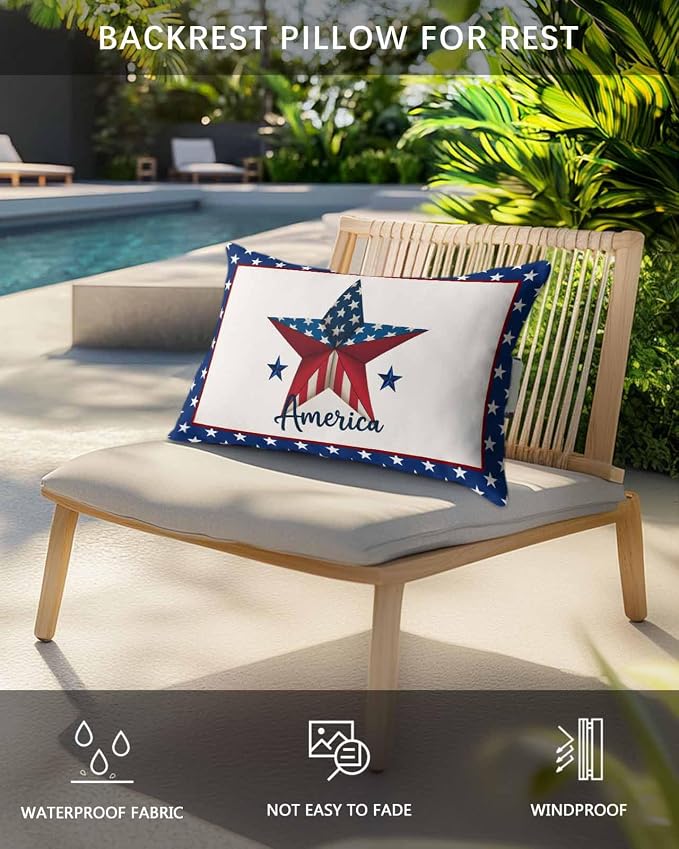 Outdoor Pillows Covers with Inserts 4th of July Patriotic American Flag Freedom Stars Waterproof Pillow with Adjustable Strap Throw Pillows for Patio Furniture Recliner Lounge Chair, 11x16 inch, 1PCS