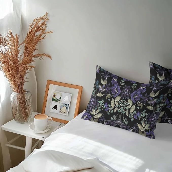 Purple Green Flower Leaf on Black Outdoor Pillow Covers 20x12in Pack of 2 Waterproof Pillowcase Retro Plant Oil Painting Decorative Throw Cushion Case for Patio Couch Sofa