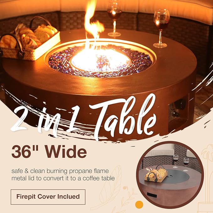 SUNSITT 8 Piece Patio Furniture Set with Propane Fire Pit Halfmoon Outdoor Round Sectional Sofa with 36" Bronze Gas Fire Table & Tank Holder, Brown Rattan