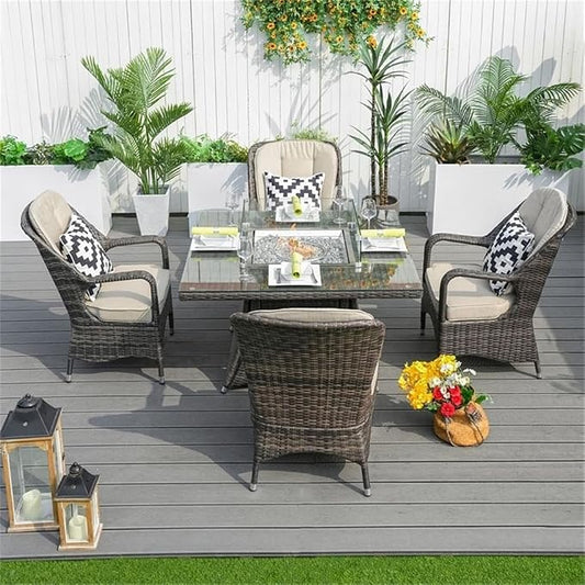 Brown Rattan 4 Seat Square Gas Fire Pit Set with Dining Chairs