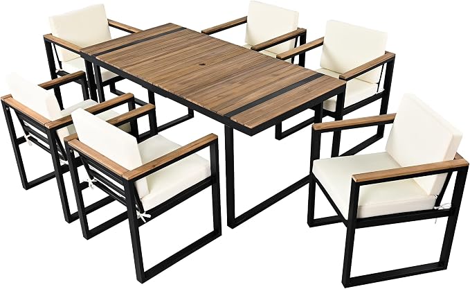 VilroCaz 7 Pieces Outdoor Dining Set, Acacia Wood and Steel Frame Patio Dining Table with Umbrella Hole and 6 Upholstered Chairs for Patio, Backyard, Garden (Beige-Umbr)